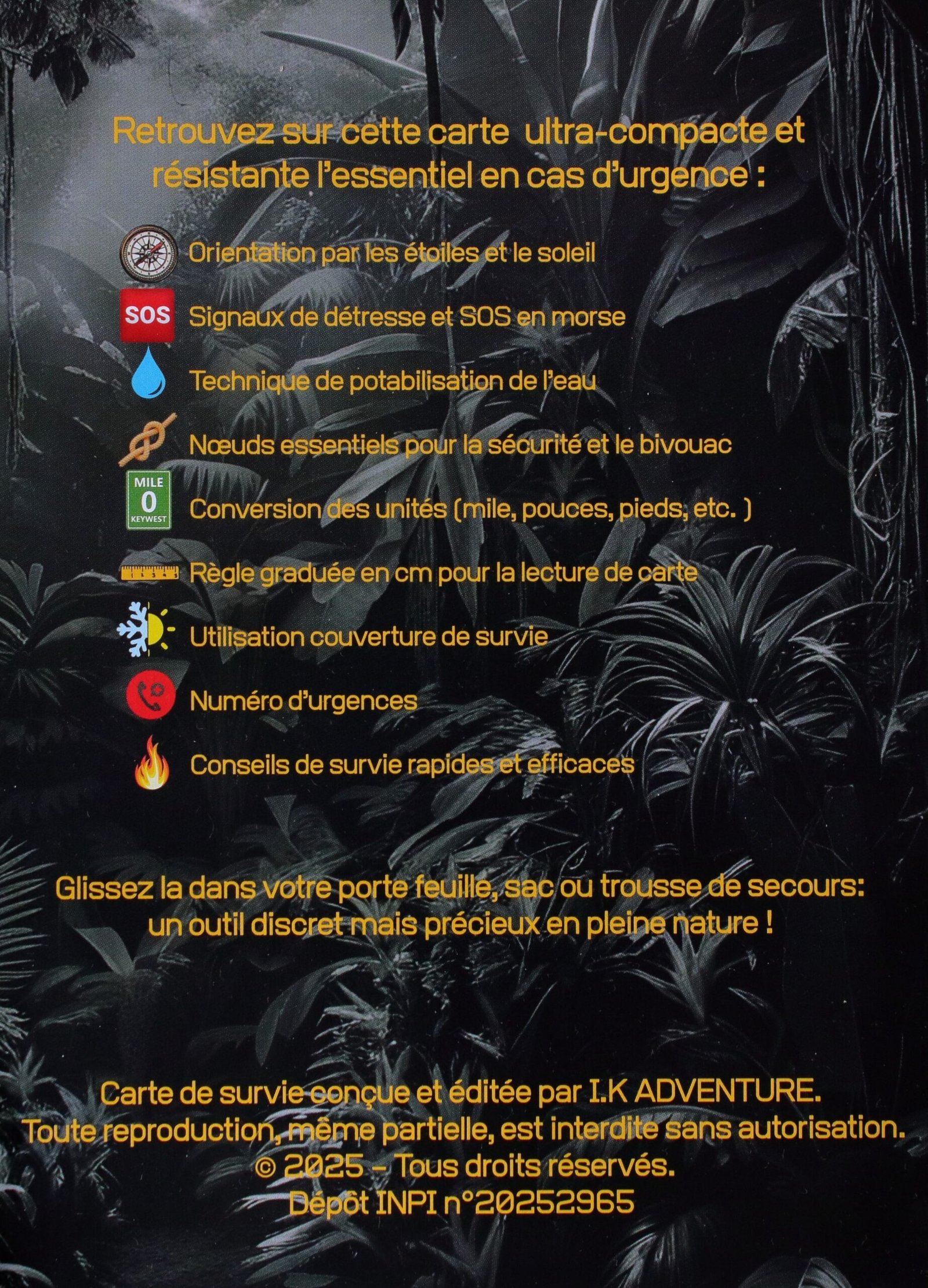 Carte de survie au format carte bancaire IK Adventure étanche pour la randonnée